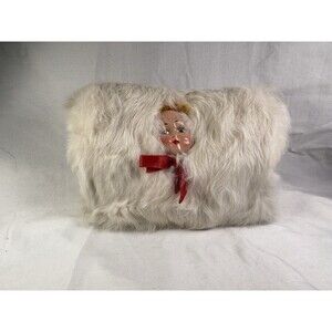 Vintage 1950s Child's White Rabbit Fur Muff - Painted Doll Face - Mid Century